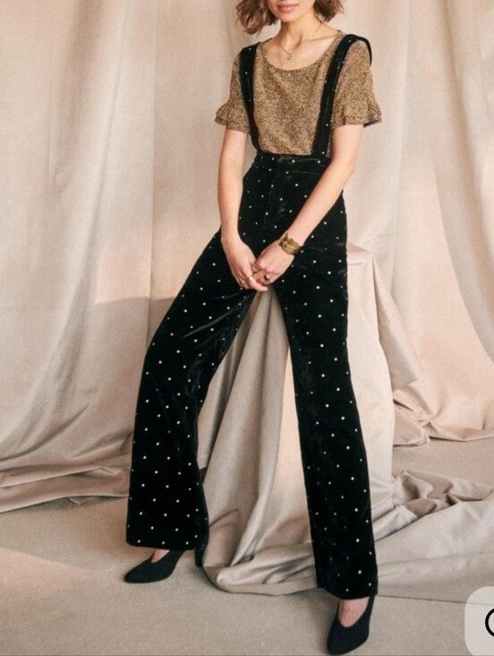 Sezane Pants - Sézane Siloe Black Velvet Gold Polka Dot Embroidered Overalls Suspenders